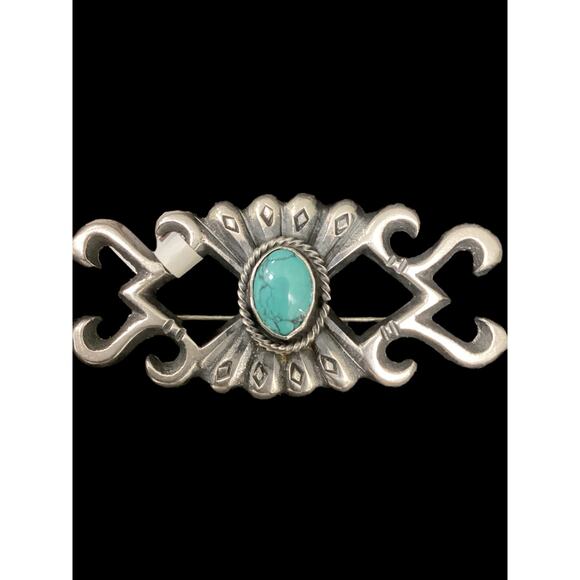 Beautiful 925 Sterling Silver Brooch Native American Style Turquoise Stone - Picture 1 of 3